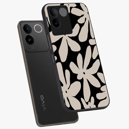 Monochrome Petal Dance Glass Case displayed in angled mockup highlighting elegant petal design with black and white aesthetic.