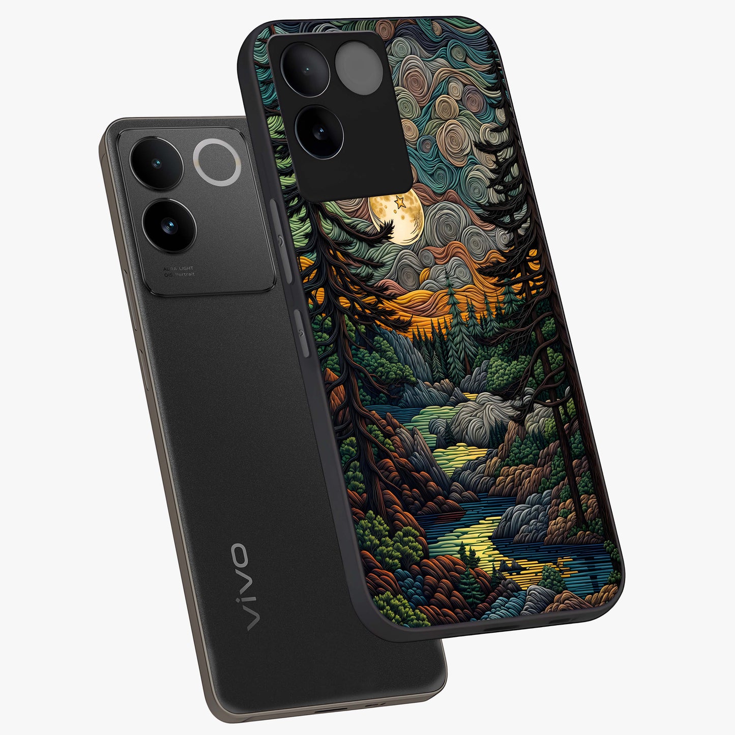 Moonlight Forest Dream Glass Case displayed in angled mockup highlighting dreamy forest design with glowing moon aesthetic.