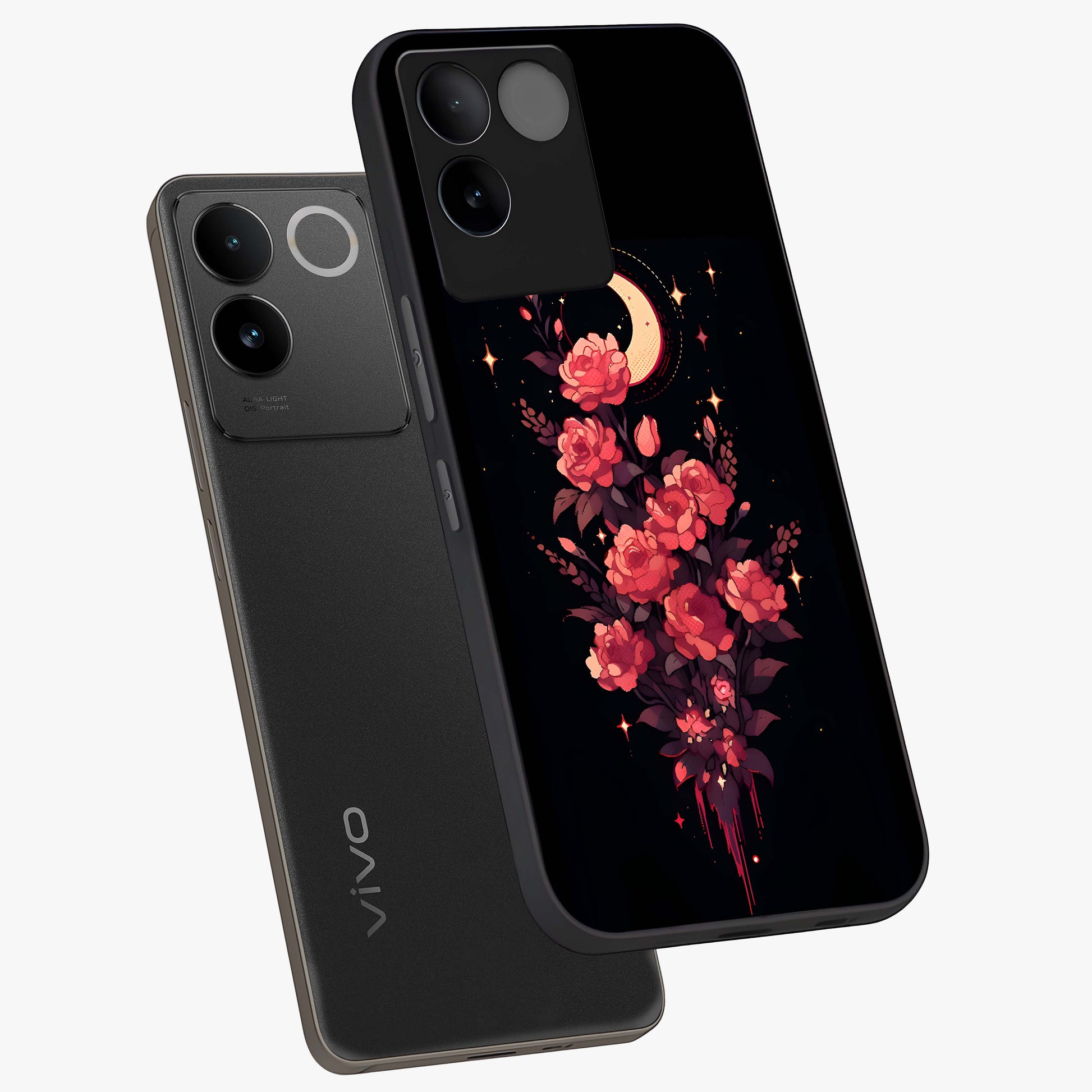 Moonlit Floral Elegance Glass Case displayed in angled mockup highlighting graceful flower design with soft moonlight aesthetic.