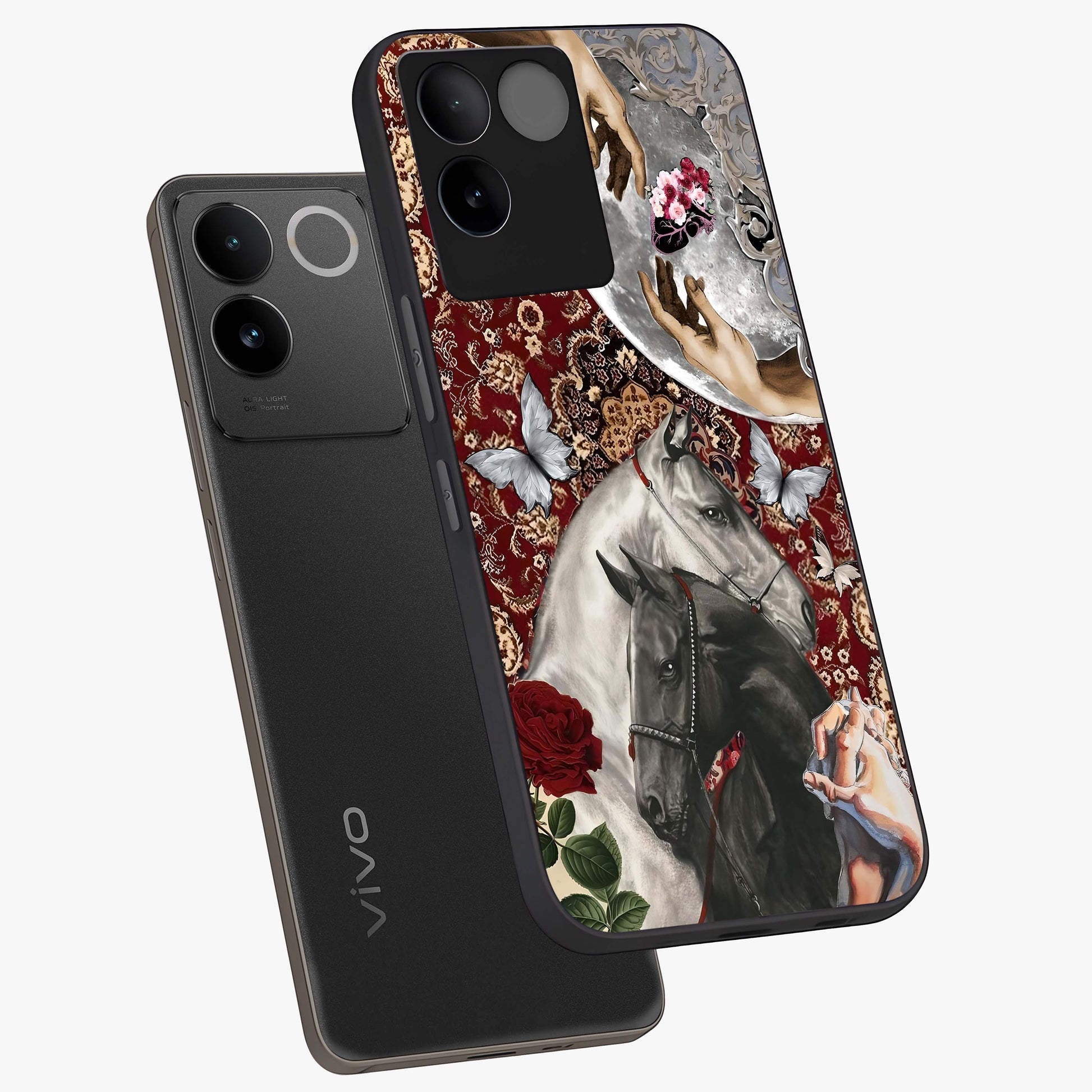Moonlit Royal Stallion Glass Case displayed in angled mockup highlighting powerful stallion illustration with royal night aesthetic.