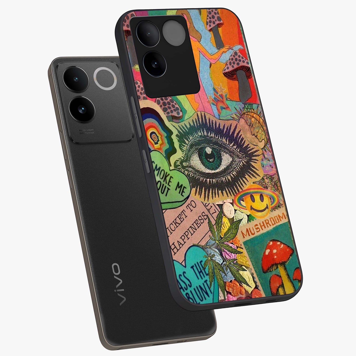 Mystic Eye Wonderland Glass Case displayed in angled mockup highlighting magical eye illustration with dreamy aesthetic.