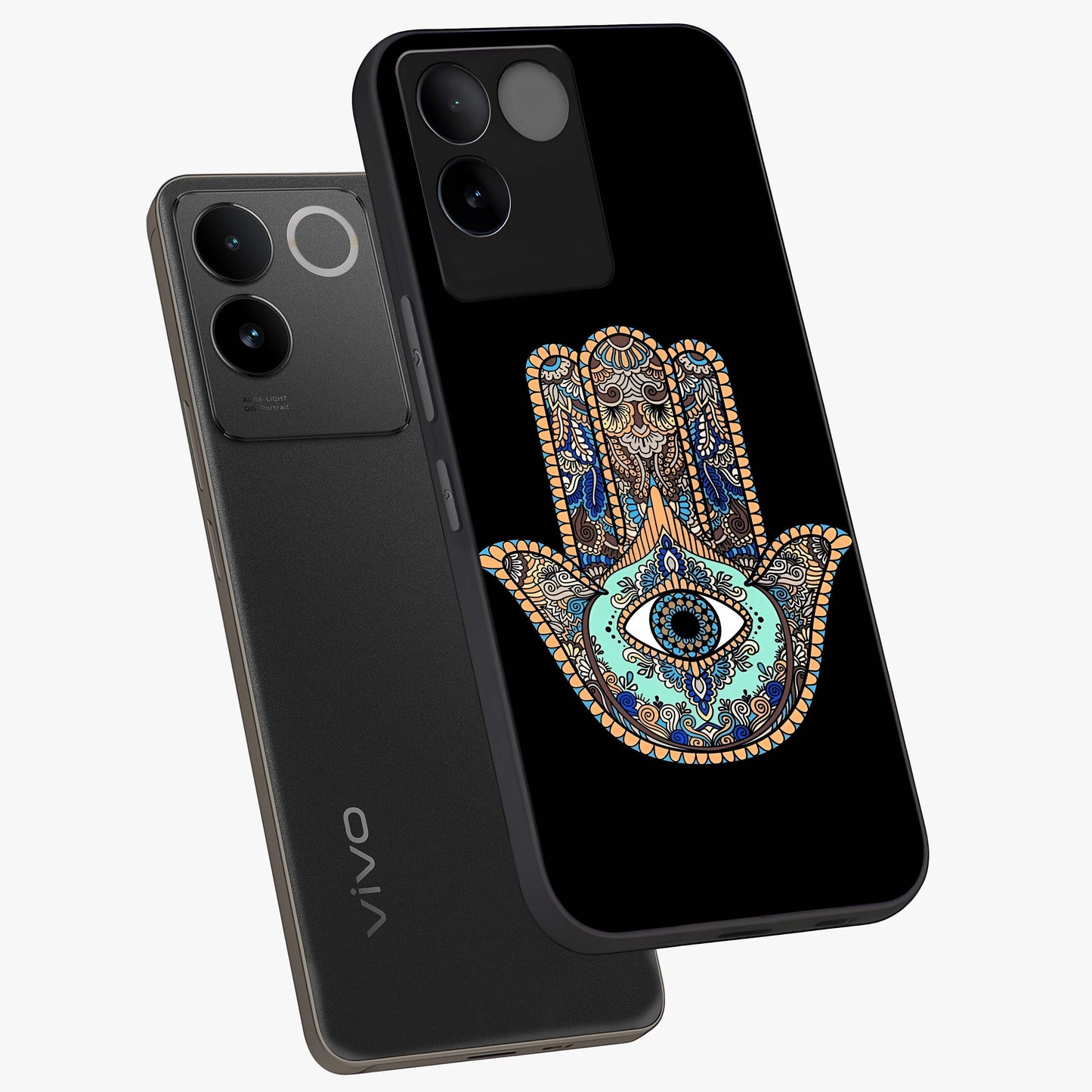 Mystic Hamsa Eye Glass Case displayed in angled mockup highlighting spiritual hamsa symbol with mystical aesthetic style.