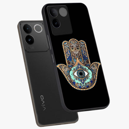 Mystic Hamsa Eye Glass Case displayed in angled mockup highlighting spiritual hamsa symbol with mystical aesthetic style.