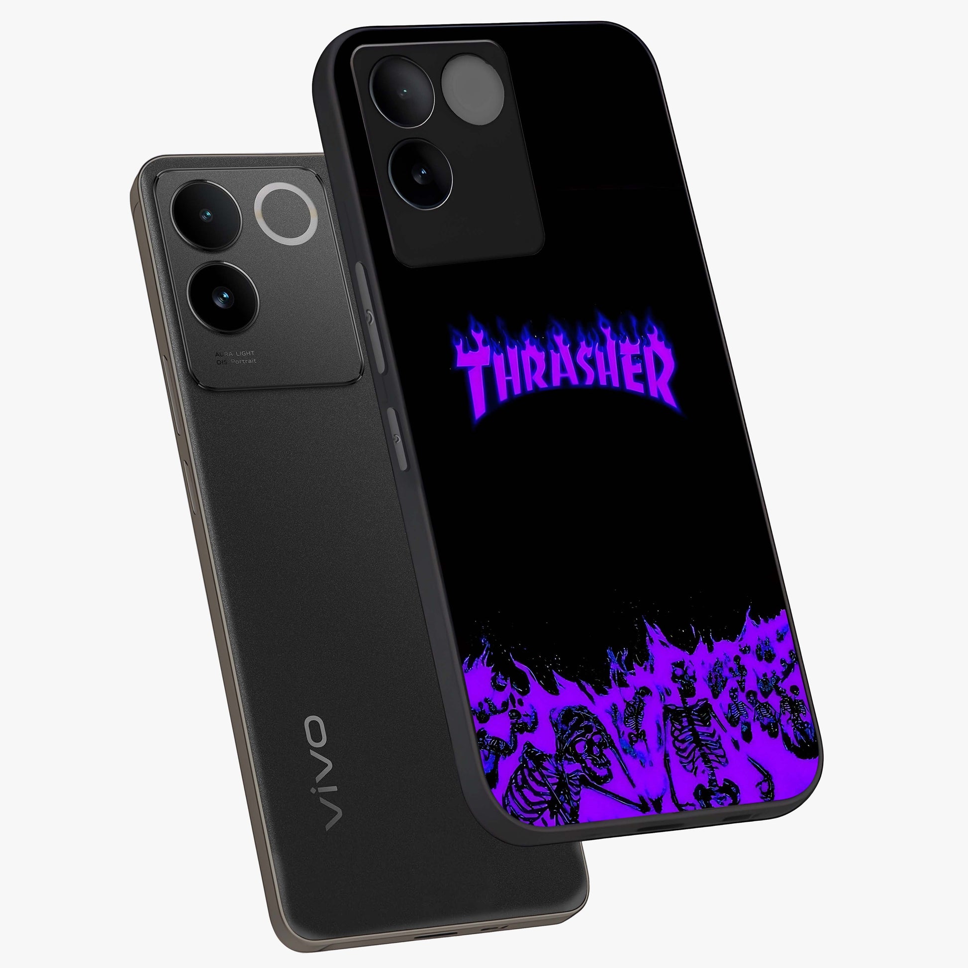 Neon Flame Riot Glass Case displayed in angled mockup highlighting glowing flame design with vibrant neon aesthetic.