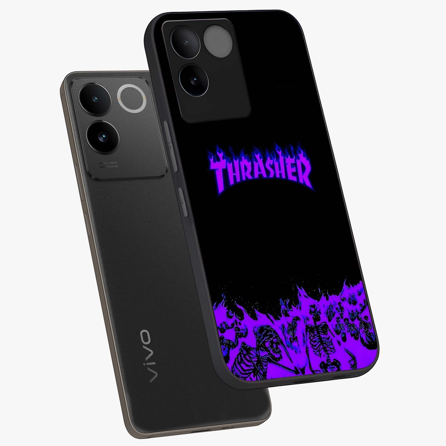 Neon Flame Riot Glass Case displayed in angled mockup highlighting glowing flame design with vibrant neon aesthetic.