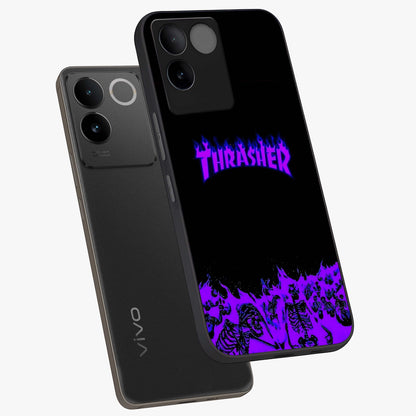 Neon Flame Riot Glass Case displayed in angled mockup highlighting glowing flame design with vibrant neon aesthetic.