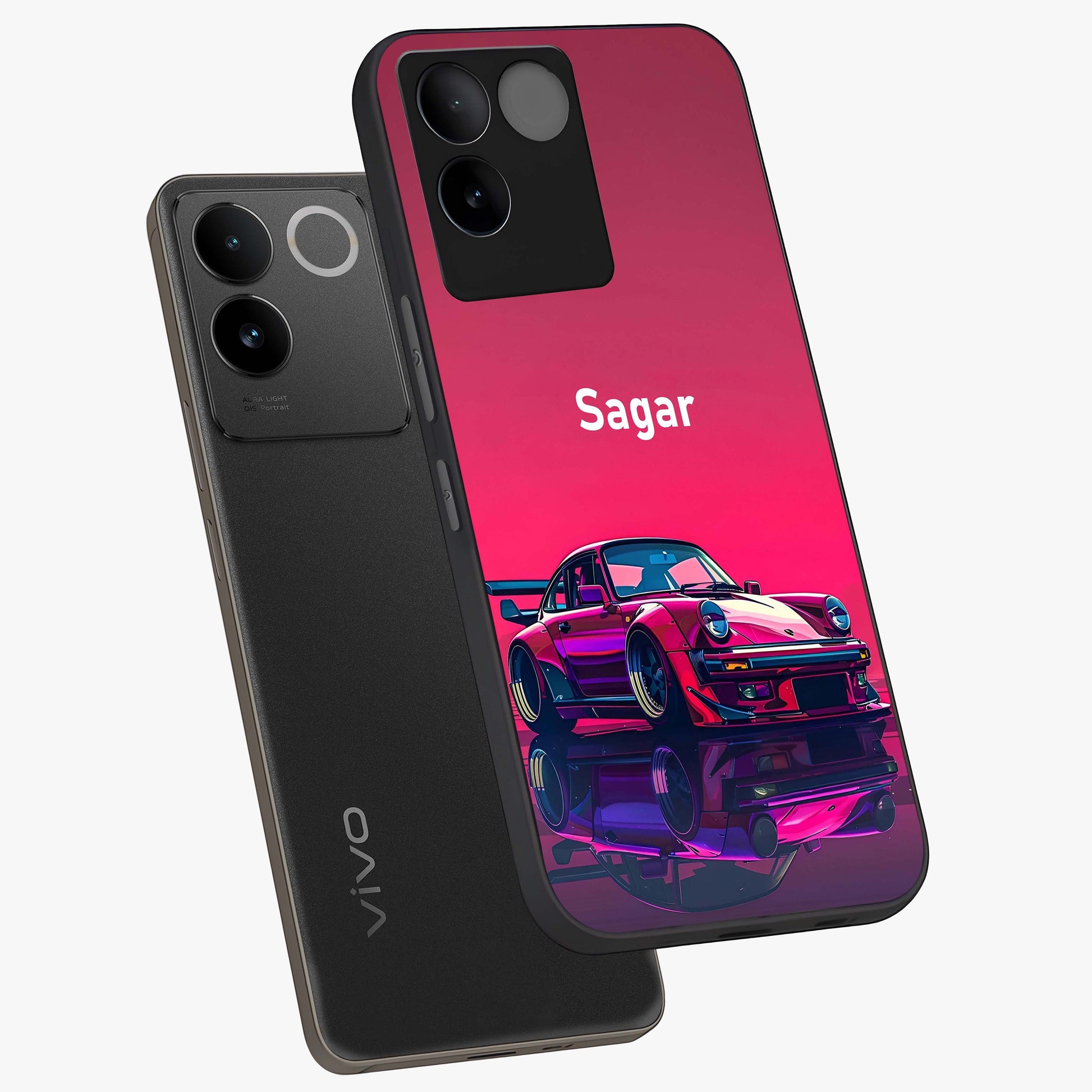 Neon Pink Porsche Glass Case displayed in angled mockup highlighting sleek neon pink car design with racing aesthetic.