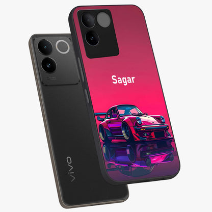Neon Pink Porsche Glass Case displayed in angled mockup highlighting sleek neon pink car design with racing aesthetic.