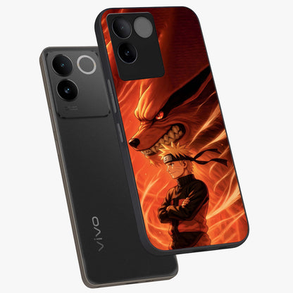 Nine Tails Legacy Glass Case displayed in angled mockup highlighting dynamic anime beast illustration with bold mystical aesthetic.