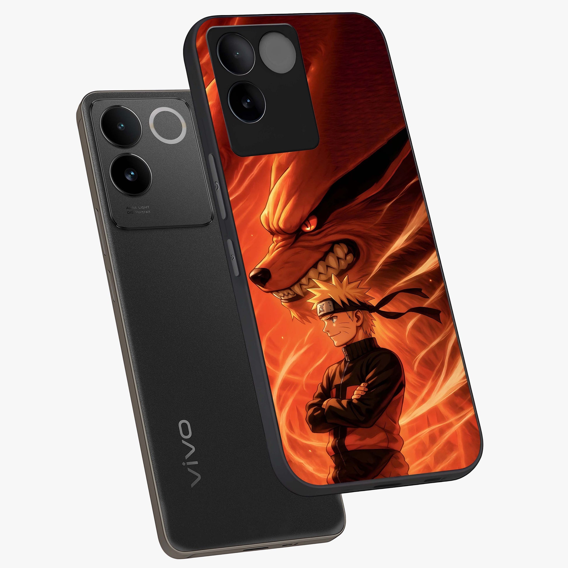 Nine Tails Legacy Glass Case displayed in angled mockup highlighting dynamic anime beast illustration with bold mystical aesthetic.