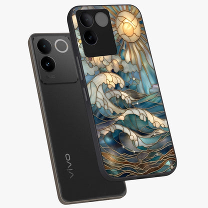 Oceanic Stained Printed Glass Case displayed in angled mockup highlighting colorful aquatic design with artistic aesthetic style.