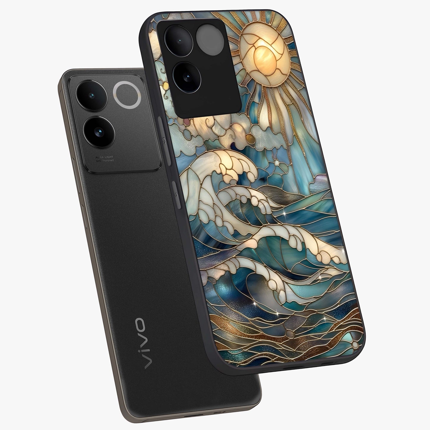 Oceanic Stained Printed Glass Case displayed in angled mockup highlighting colorful aquatic design with artistic aesthetic style.