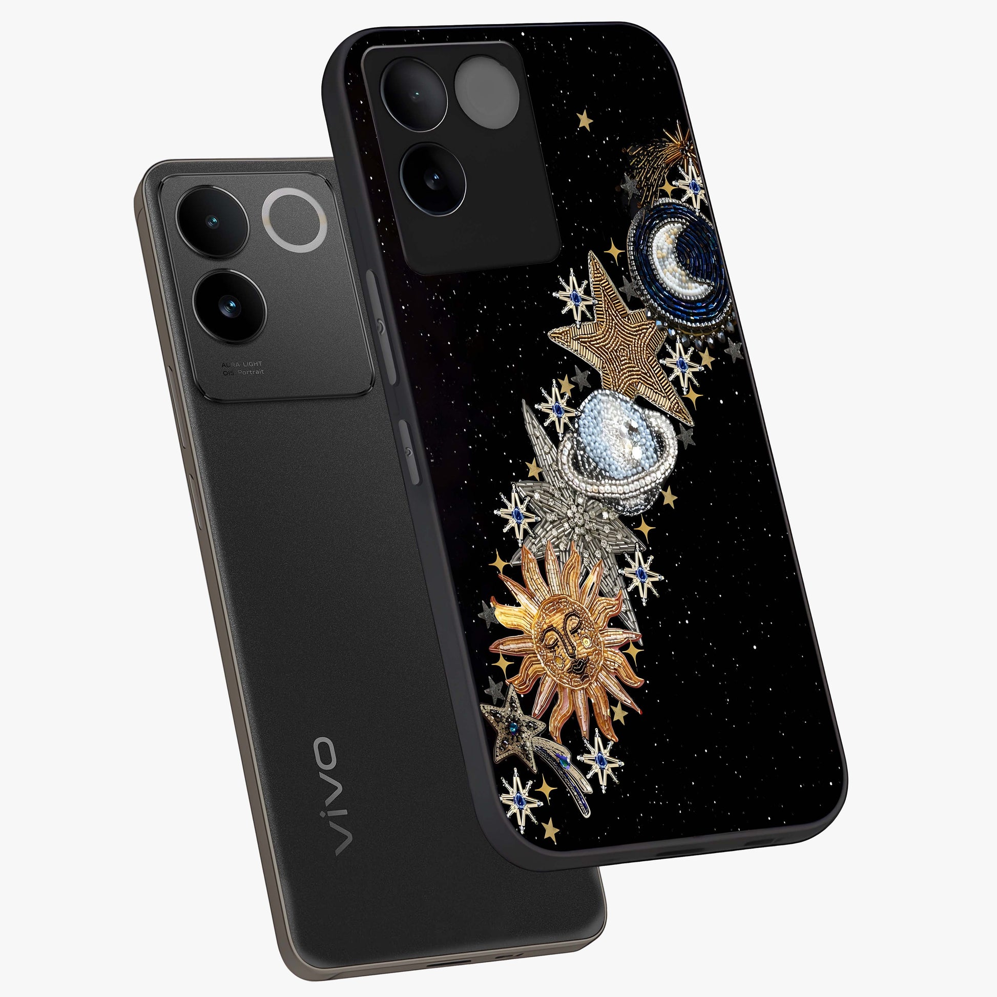 Pearls Universe Object Glass Case displayed in angled mockup highlighting celestial pearl design with dreamy aesthetic.