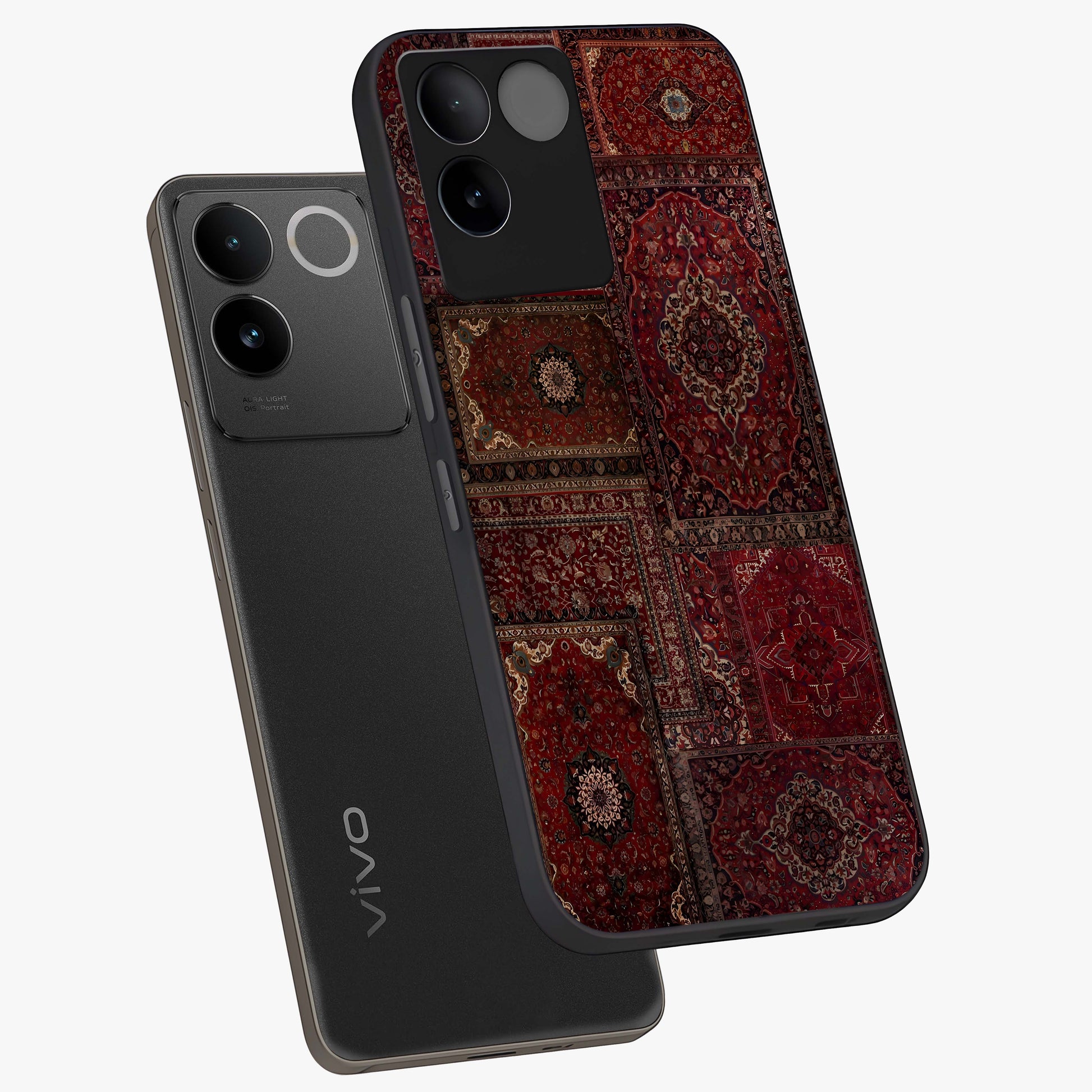 Persian Velvet Tale Glass Case displayed in angled mockup highlighting ornate textile inspired design with royal aesthetic.