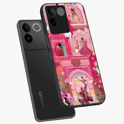 Pink Palace Muse Glass Case displayed in angled mockup highlighting dreamy palace illustration with soft pink aesthetic.