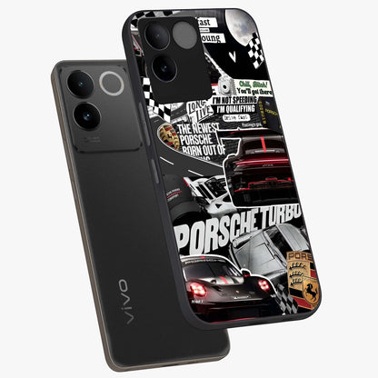 Porsche Racing Collage Glass Case displayed in angled mockup highlighting dynamic automotive design with bold racing aesthetic.