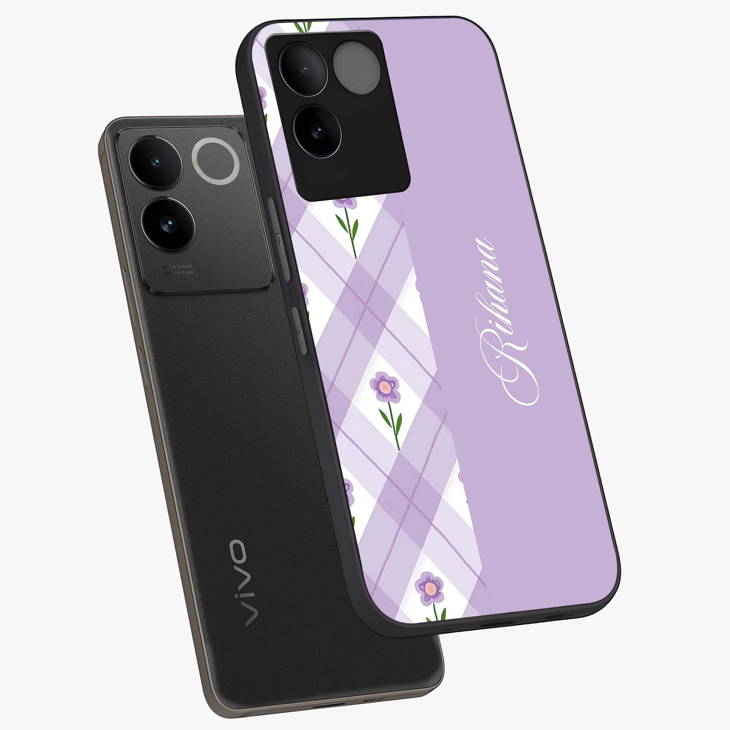 Purple Diamond Floral Glass Case displayed in angled mockup highlighting elegant purple flower design with decorative pattern.