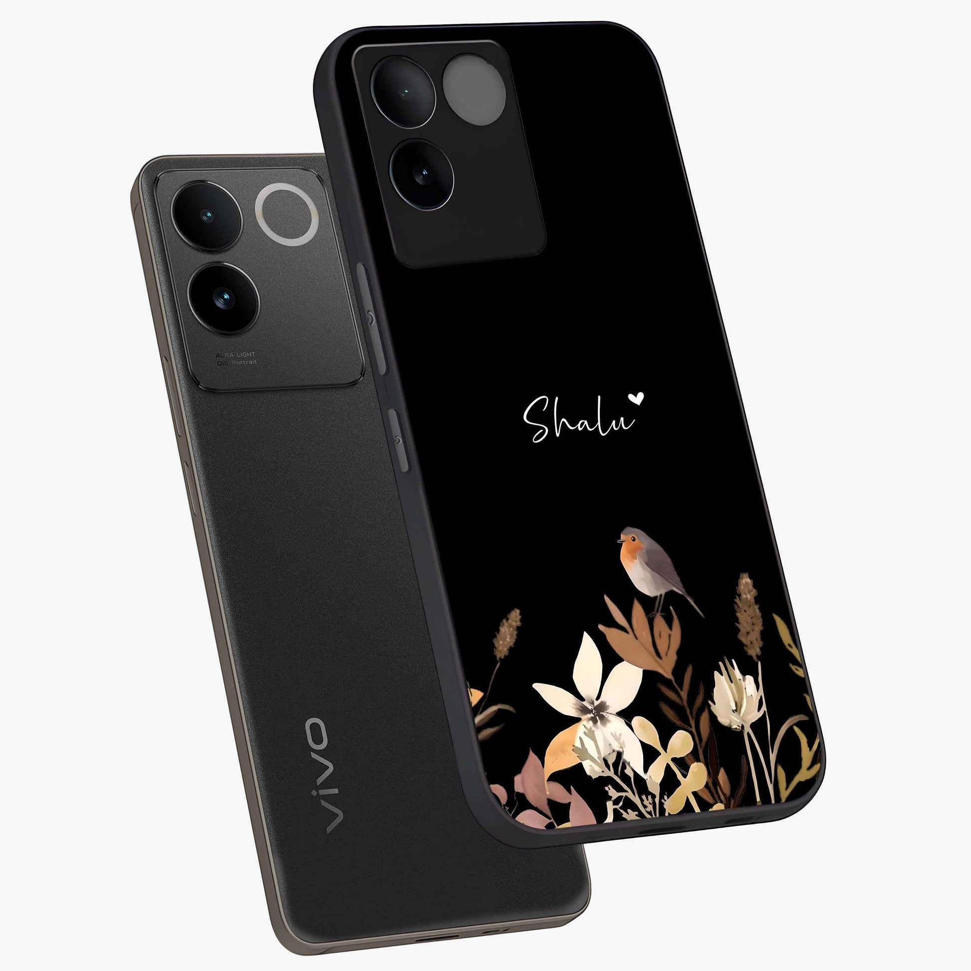 Quiet Garden Tune Custom Name Glass Case displayed in angled mockup highlighting delicate floral garden design with custom name feature.