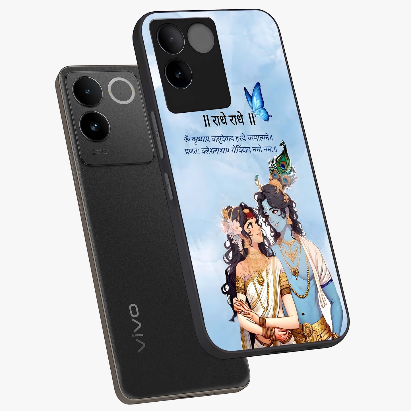 Radha Krishna Eternal Glass Case displayed in angled mockup highlighting divine Radha Krishna illustration with spiritual aesthetic.