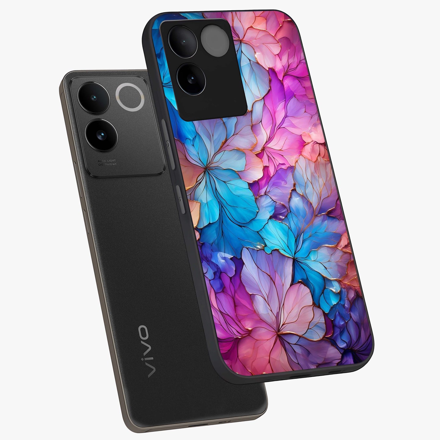 Radiant Floral Whirl Glass Case displayed in angled mockup highlighting vibrant flower pattern with dynamic artistic aesthetic.