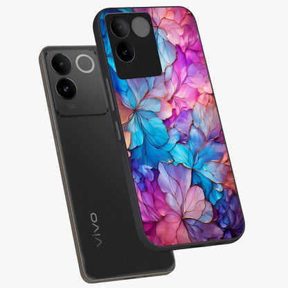 Radiant Floral Whirl Glass Case displayed in angled mockup highlighting vibrant flower pattern with dynamic artistic aesthetic.