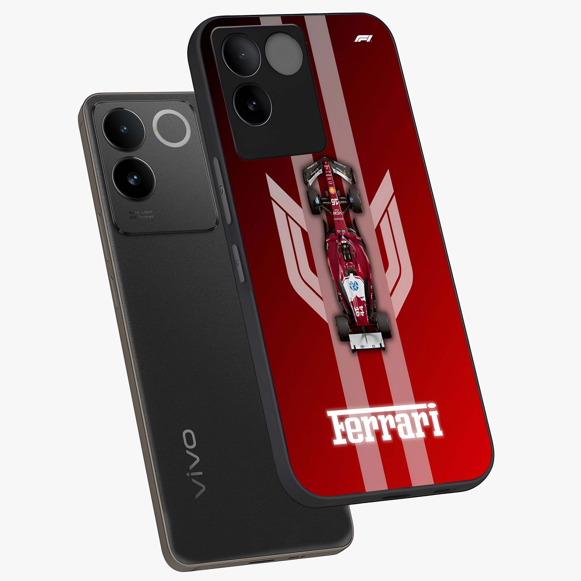 Red Ferrari F1 Vertical Glass Case displayed in angled mockup highlighting high speed racing design with bold automotive aesthetic.