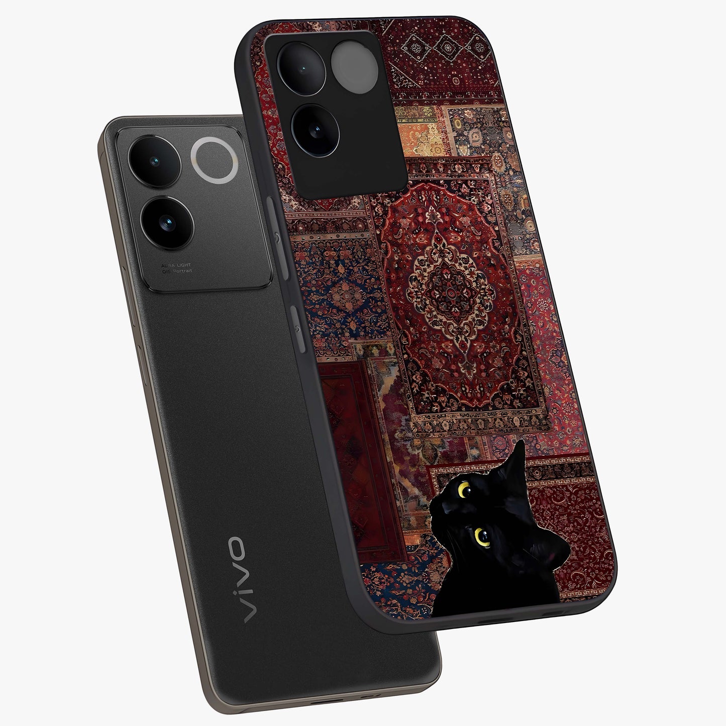 Regal Magic Cat Apple Glass Case displayed in angled mockup highlighting whimsical feline design with fantasy aesthetic.
