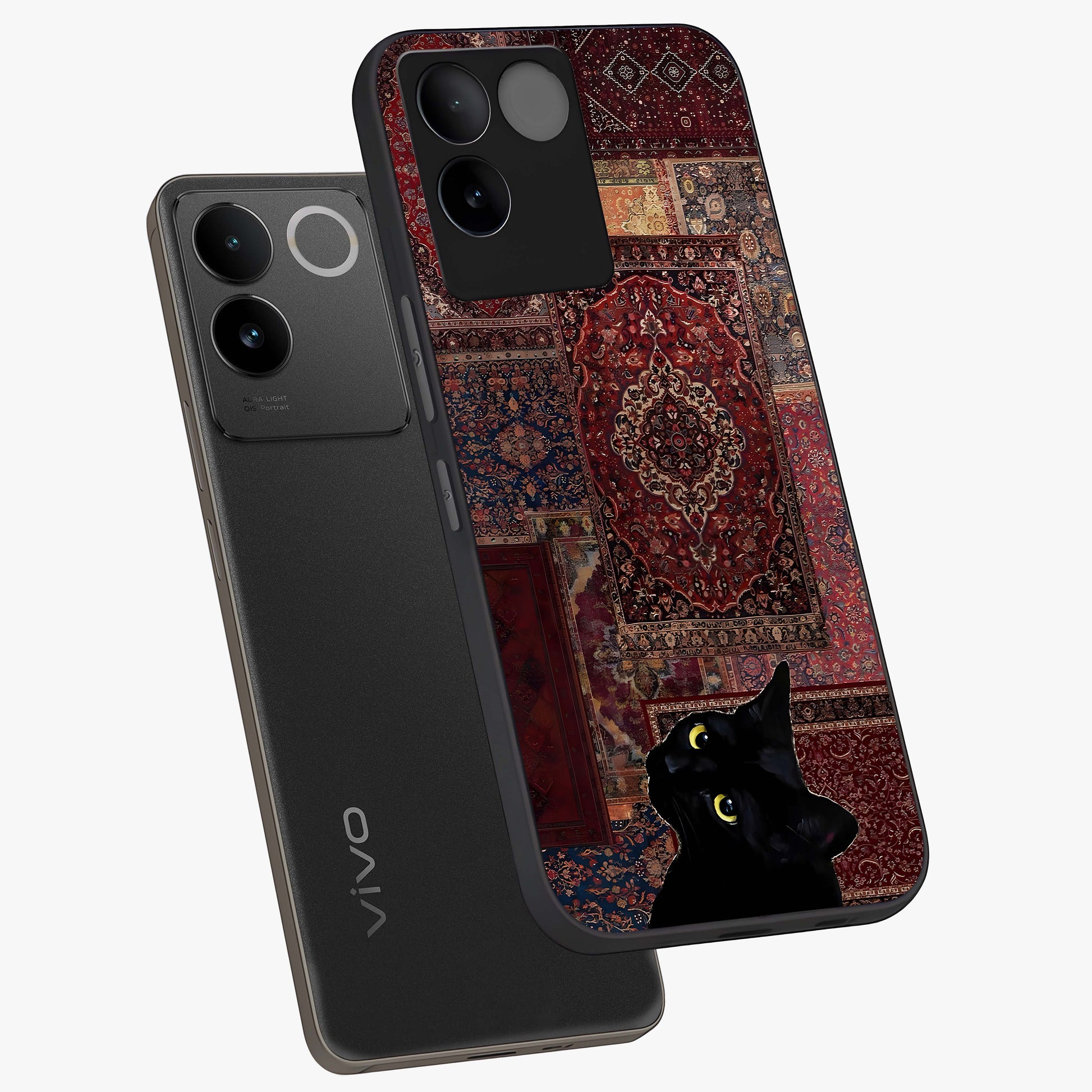 Regal Magic Cat Apple Glass Case displayed in angled mockup highlighting whimsical feline design with fantasy aesthetic.