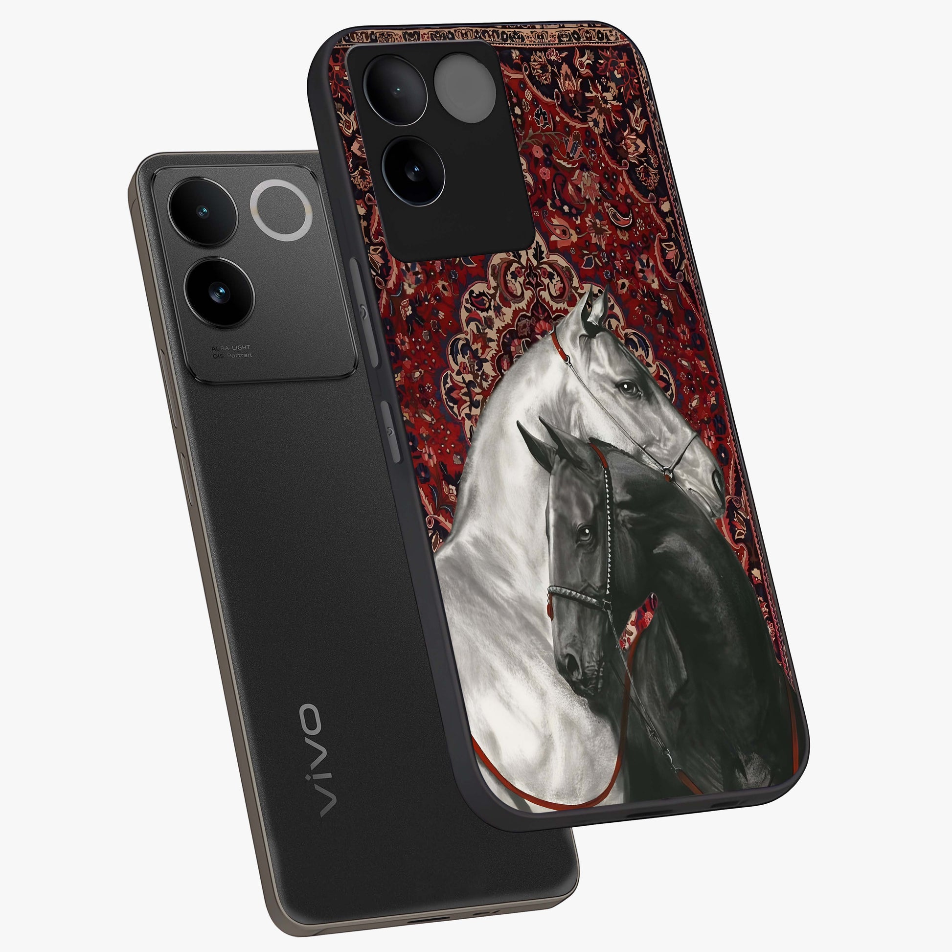 Regal Stallion Tapestry Glass Case displayed in angled mockup highlighting royal stallion design with decorative heritage aesthetic.