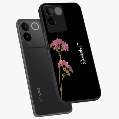 Riching Lavender Flower Custom Name Glass Case displayed in angled mockup highlighting delicate lavender flower design with custom name feature.