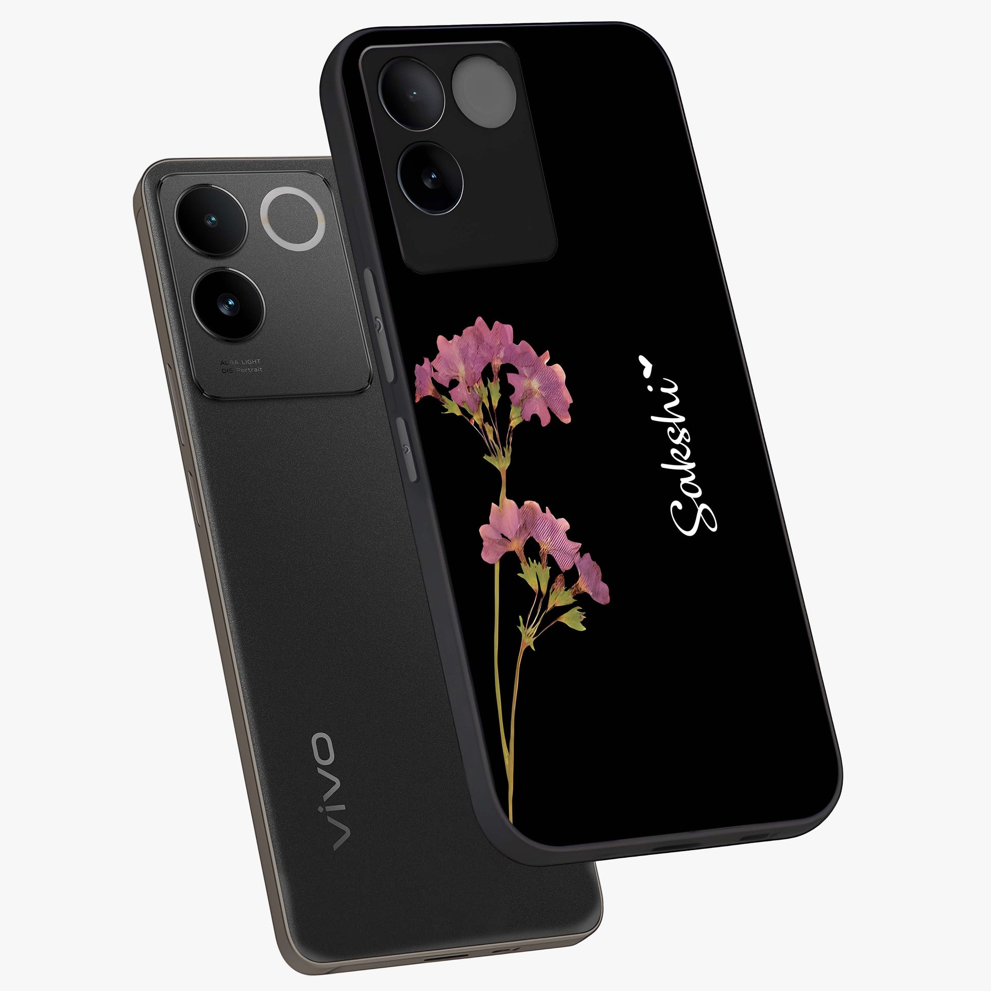 Riching Lavender Flower Custom Name Glass Case displayed in angled mockup highlighting delicate lavender flower design with custom name feature.