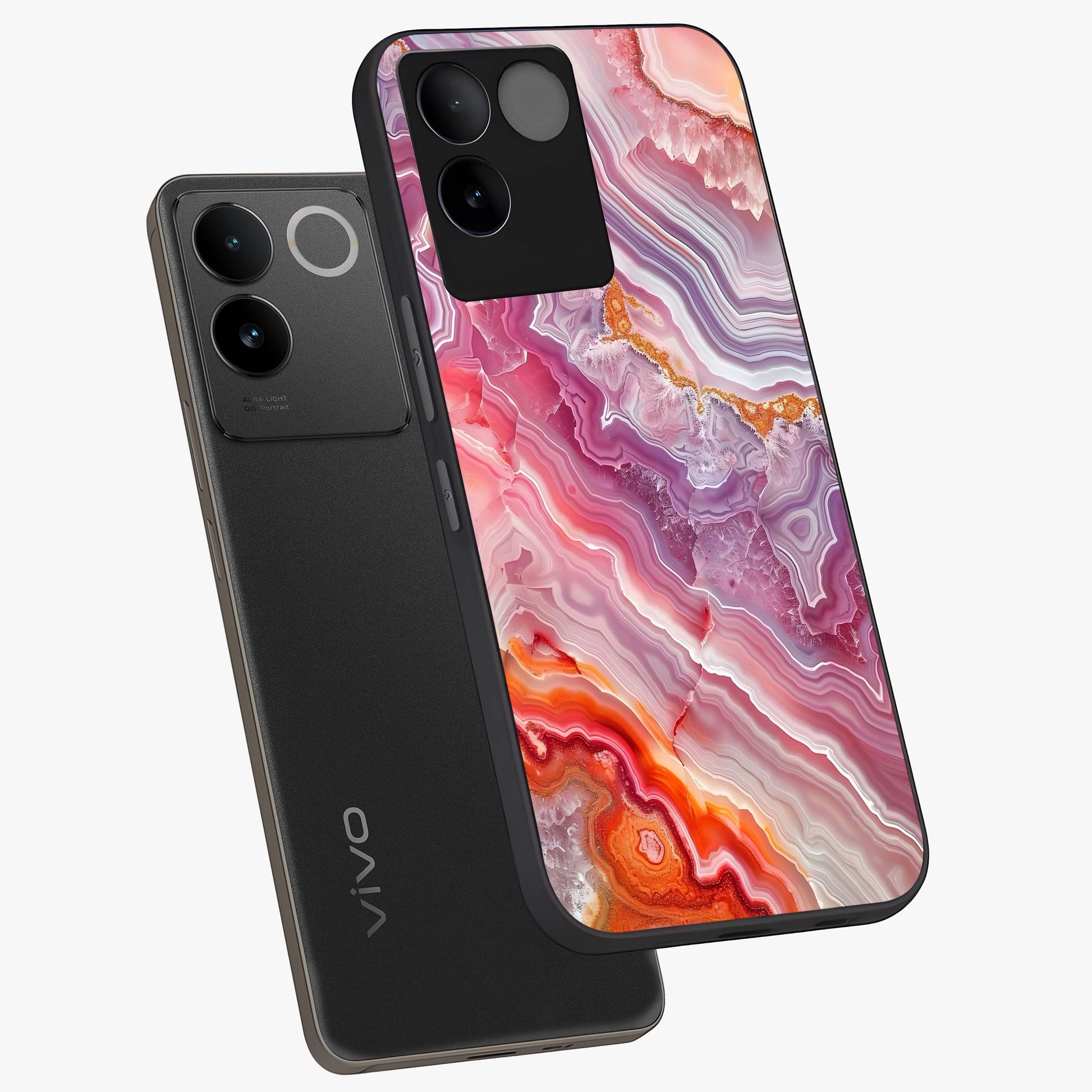 Rose Quartz Marble Glass Case displayed in angled mockup highlighting elegant marble pattern with soft aesthetic style.