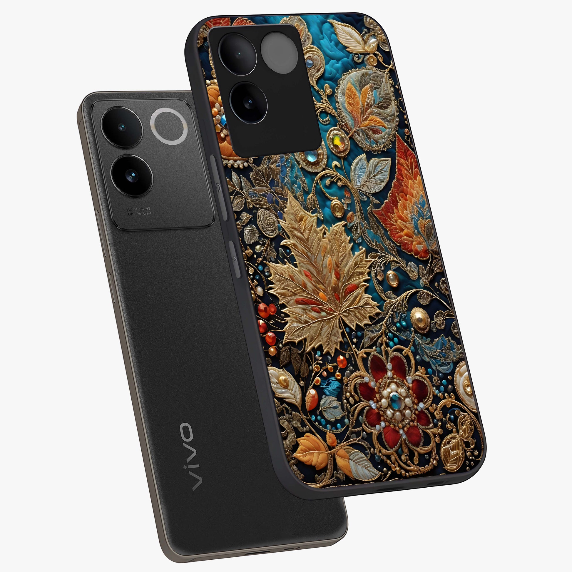 Royal Jewel Garden Glass Case displayed in angled mockup highlighting vibrant jewel inspired floral design with elegant aesthetic.