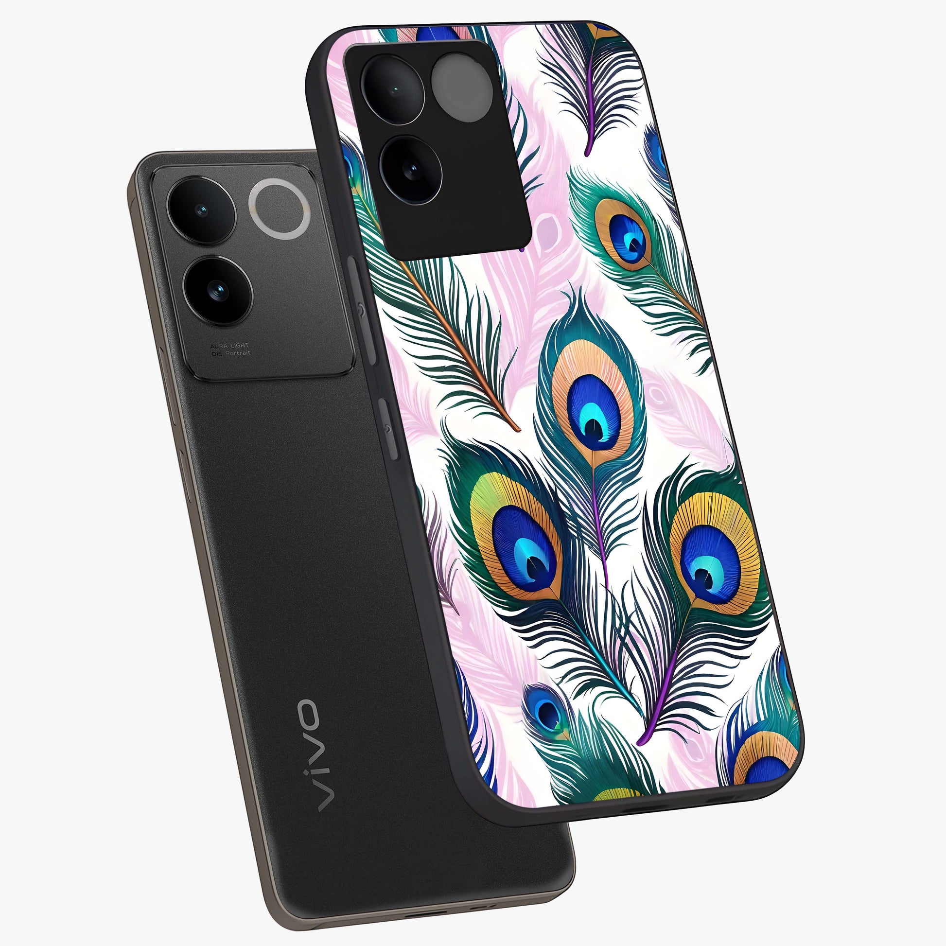 Royal Peacock Feathers Glass Case displayed in angled mockup highlighting vibrant feather pattern with regal aesthetic style.