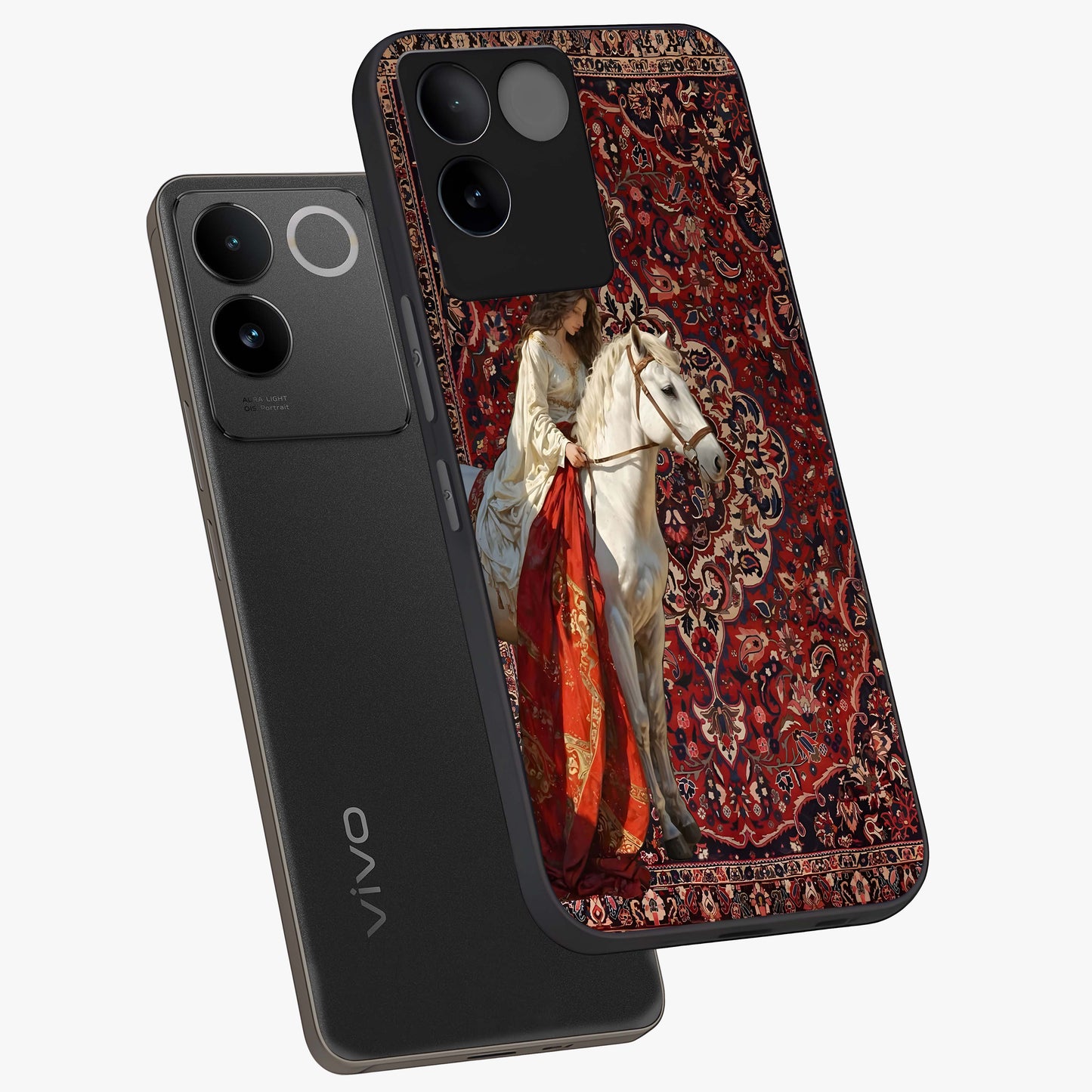 Royal Rider Tapestry Glass Case displayed in angled mockup highlighting traditional tapestry design with royal heritage aesthetic.