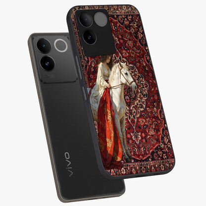 Royal Rider Tapestry Glass Case displayed in angled mockup highlighting traditional tapestry design with royal heritage aesthetic.