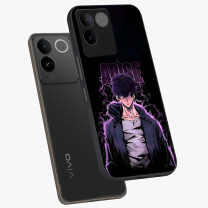 Shadow Monarch Awakening Glass Case displayed in angled mockup highlighting dramatic shadow warrior design with fantasy aesthetic.