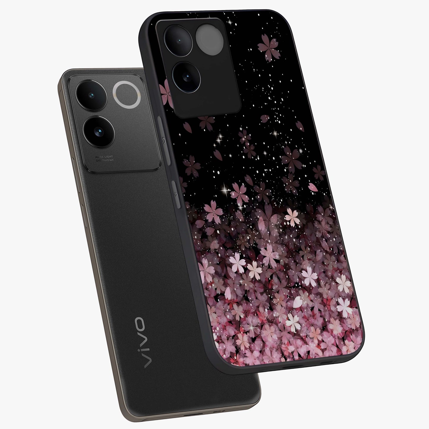Small Starry Flowers Glass Case displayed in angled mockup highlighting tiny flower pattern with celestial aesthetic style.