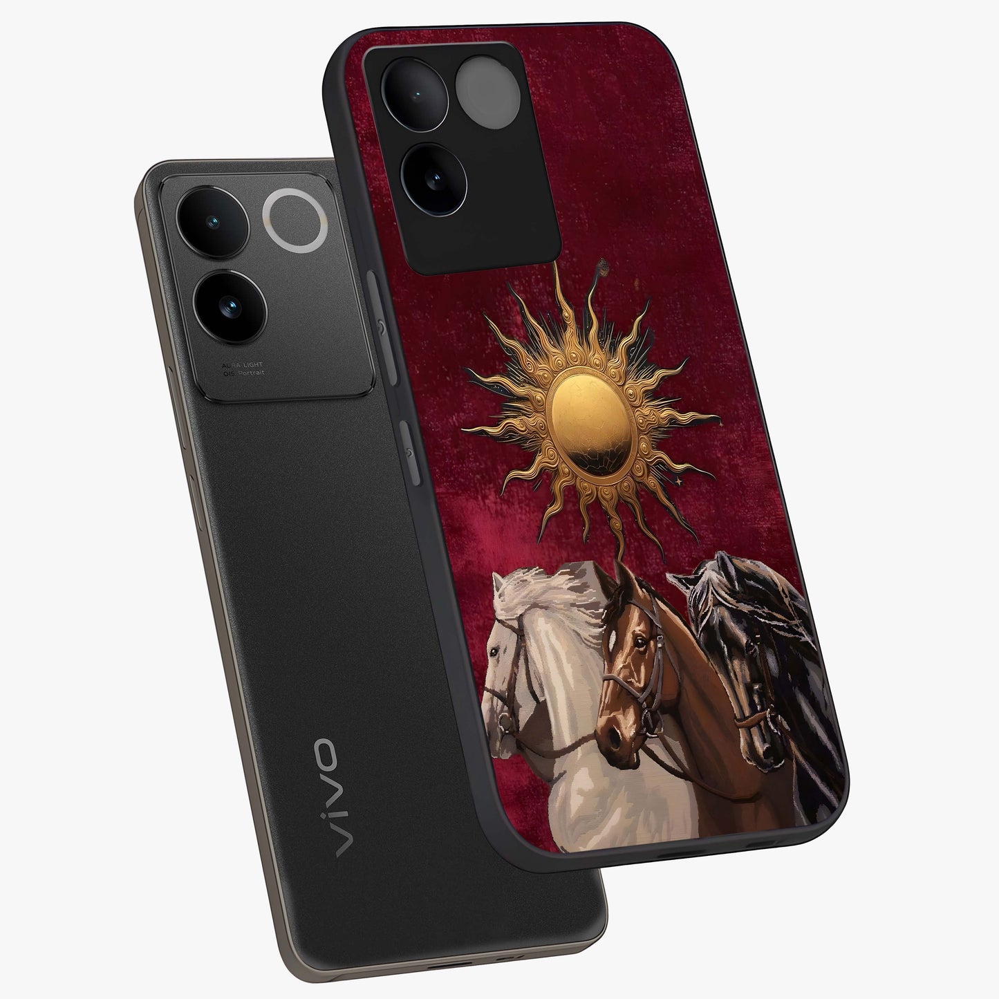 Solar Riders Glass Case displayed in angled mockup highlighting powerful rider illustration with radiant solar aesthetic.