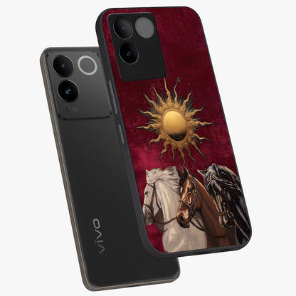 Solar Riders Glass Case displayed in angled mockup highlighting powerful rider illustration with radiant solar aesthetic.
