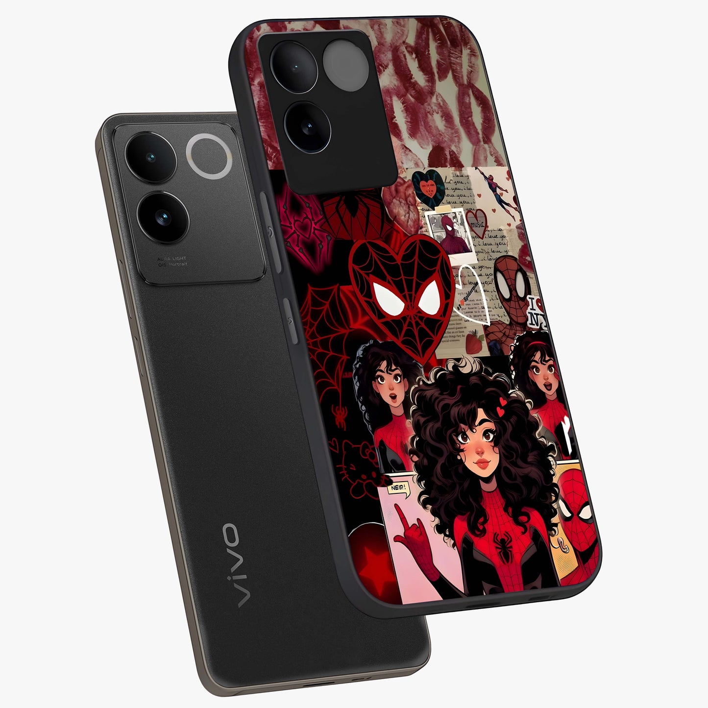 Spider Love Story Glass Case displayed in angled mockup highlighting expressive comic inspired design with playful aesthetic.