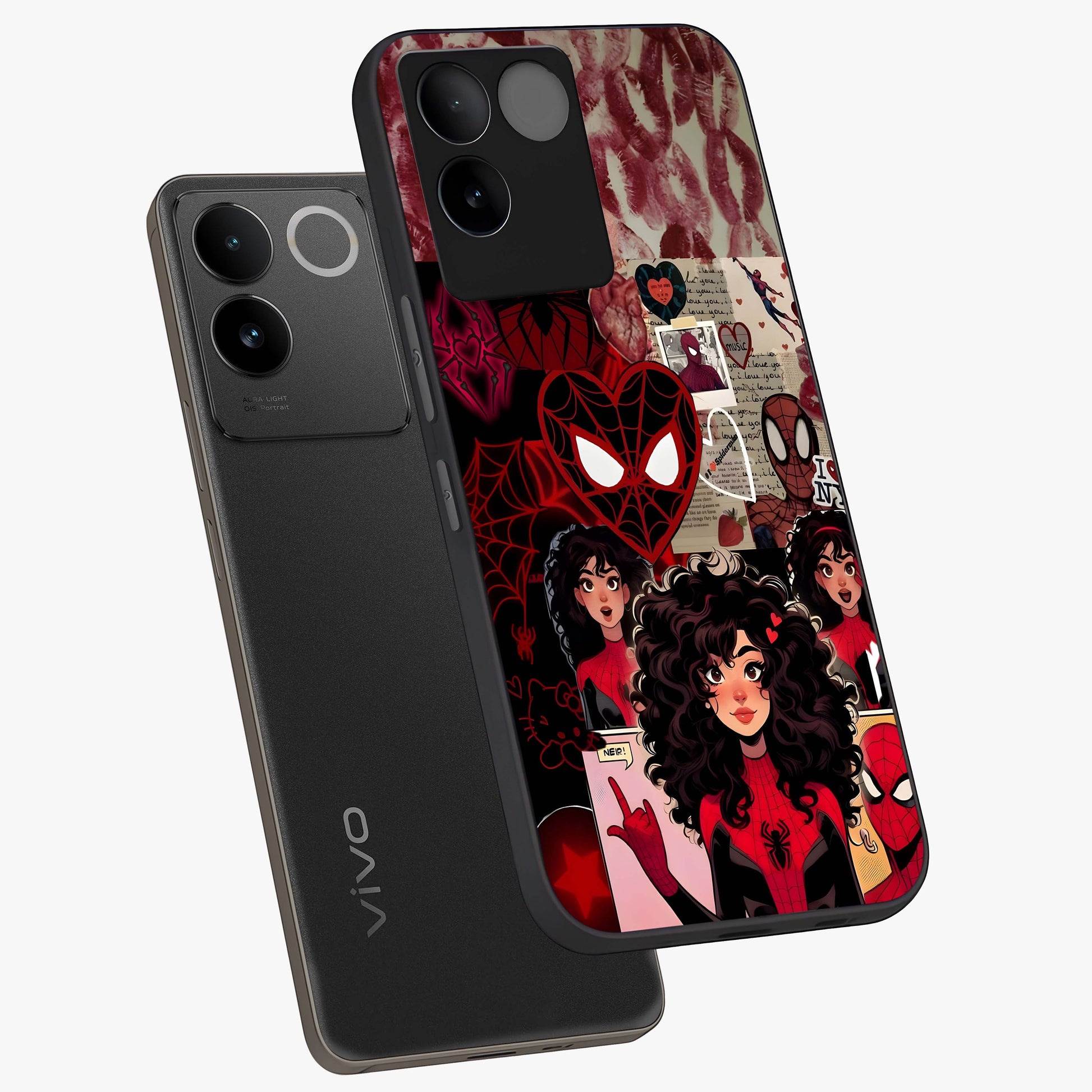 Spider Love Story Glass Case displayed in angled mockup highlighting expressive comic inspired design with playful aesthetic.