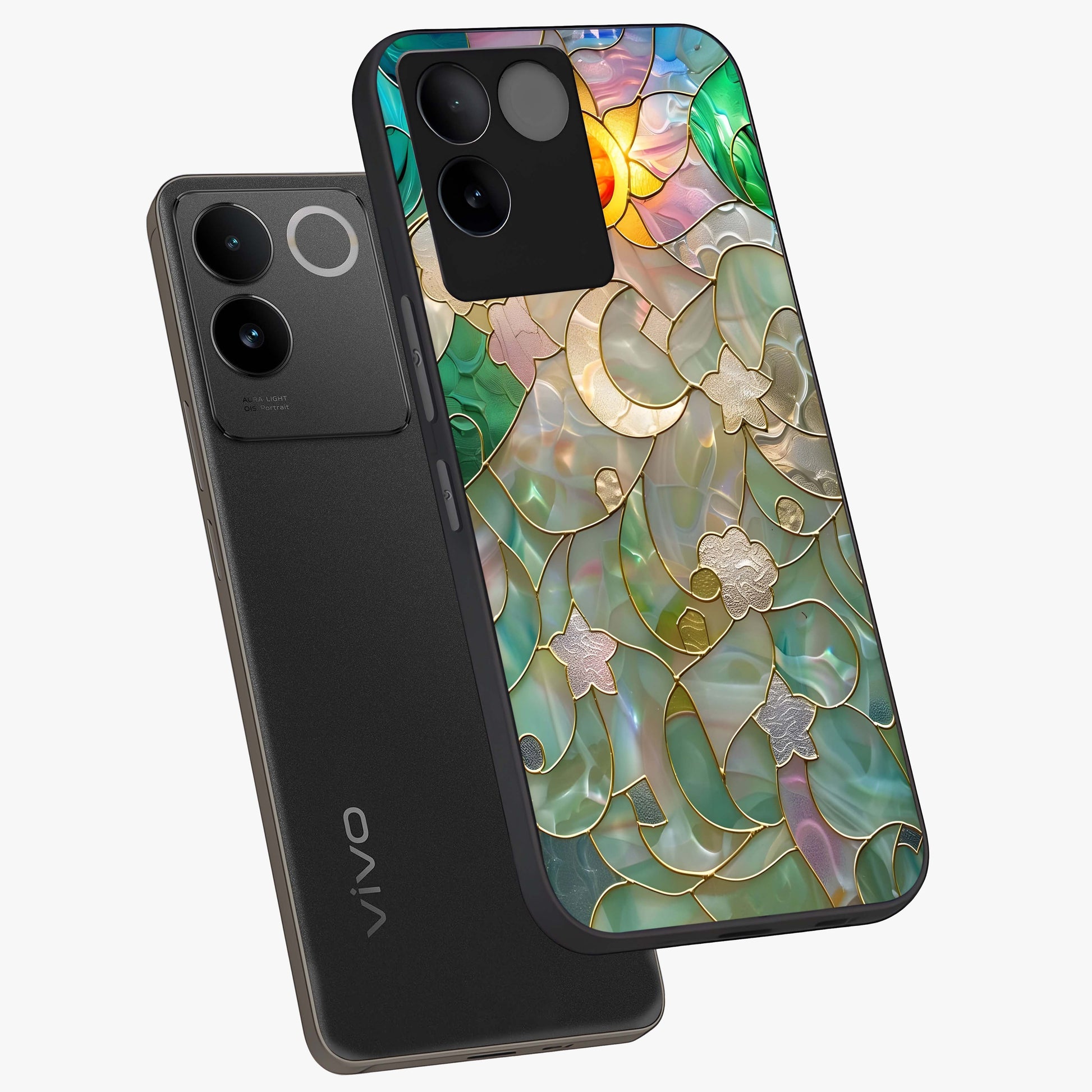 Stained Sunrise Glow Glass Case displayed in angled mockup highlighting radiant sunrise design with artistic aesthetic style.