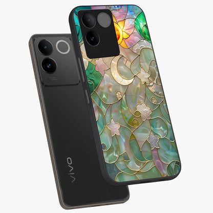 Stained Sunrise Glow Glass Case displayed in angled mockup highlighting radiant sunrise design with artistic aesthetic style.