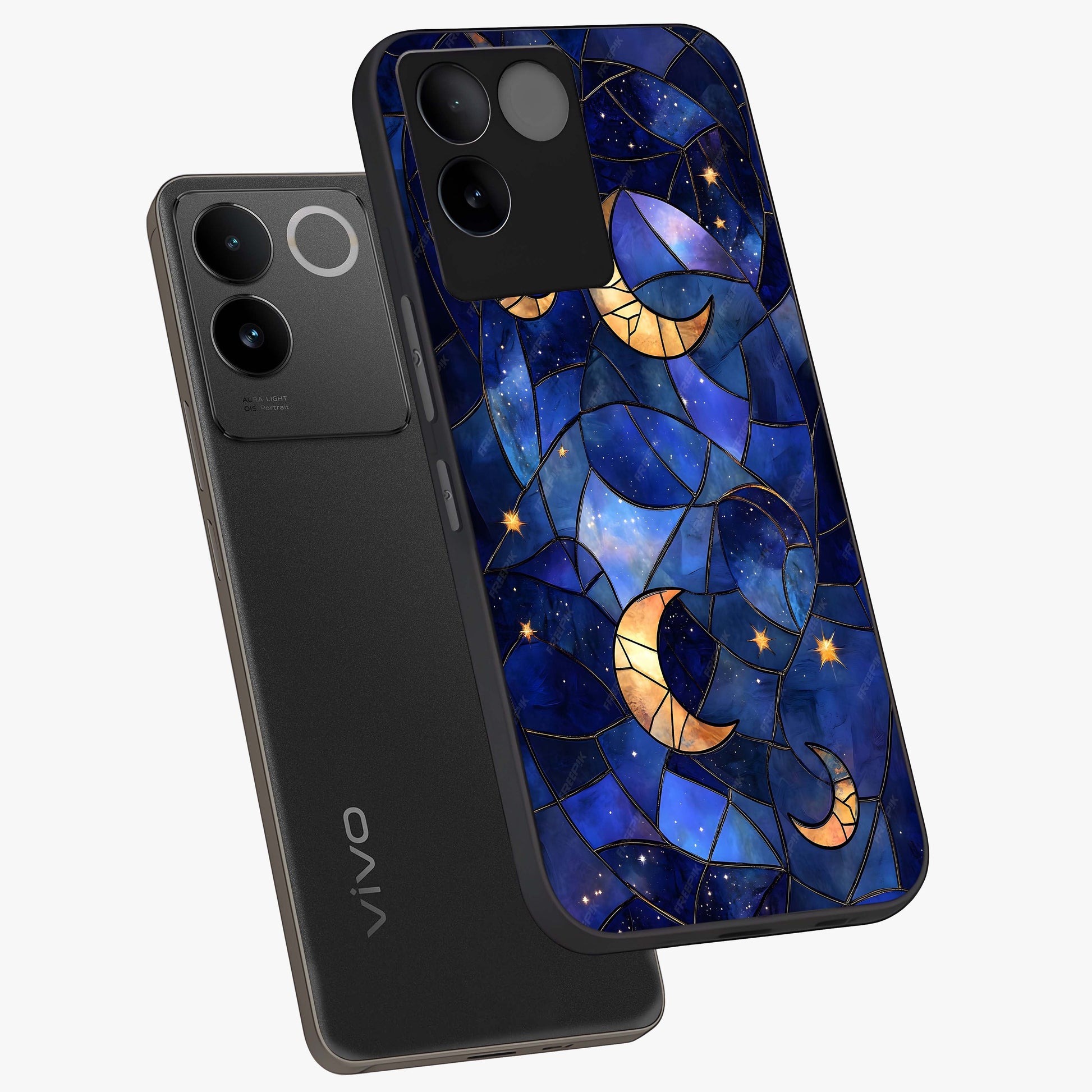 Starlit Sky Tapestry Glass Case displayed in angled mockup highlighting celestial night pattern with artistic aesthetic style.