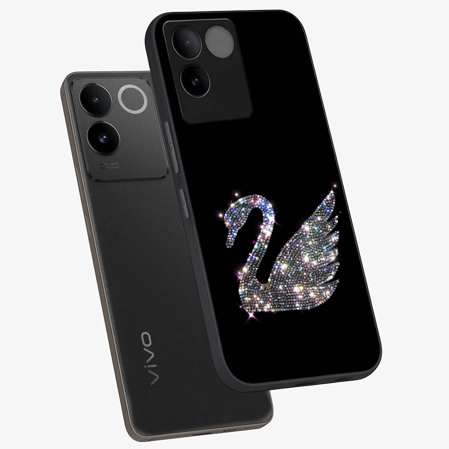 Starlit Swan Grace Glass Case displayed in angled mockup highlighting elegant swan illustration with dreamy celestial aesthetic.
