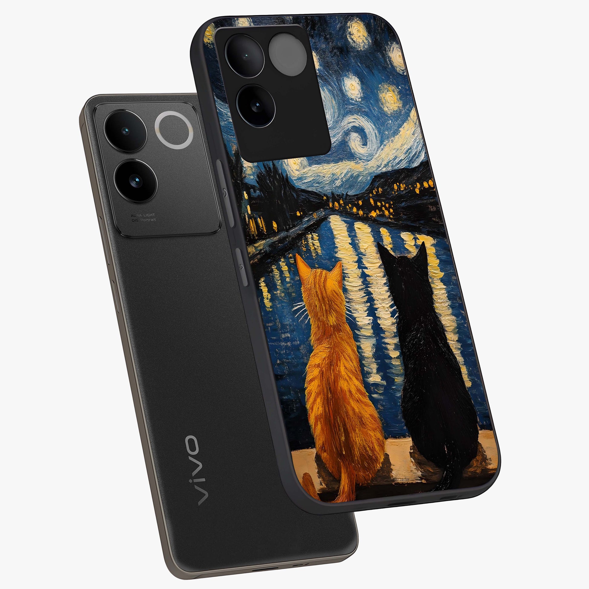 Starry River Cats Glass Case displayed in angled mockup highlighting charming feline illustration with dreamy night aesthetic.