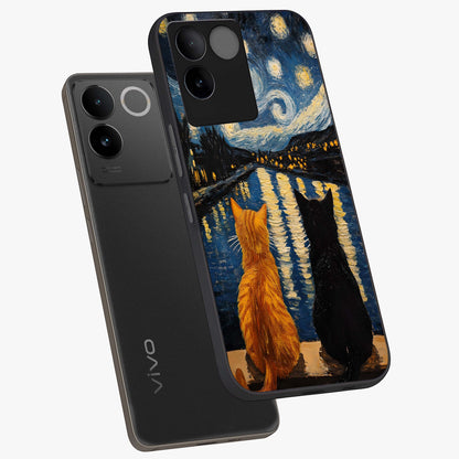 Starry River Cats Glass Case displayed in angled mockup highlighting charming feline illustration with dreamy night aesthetic.