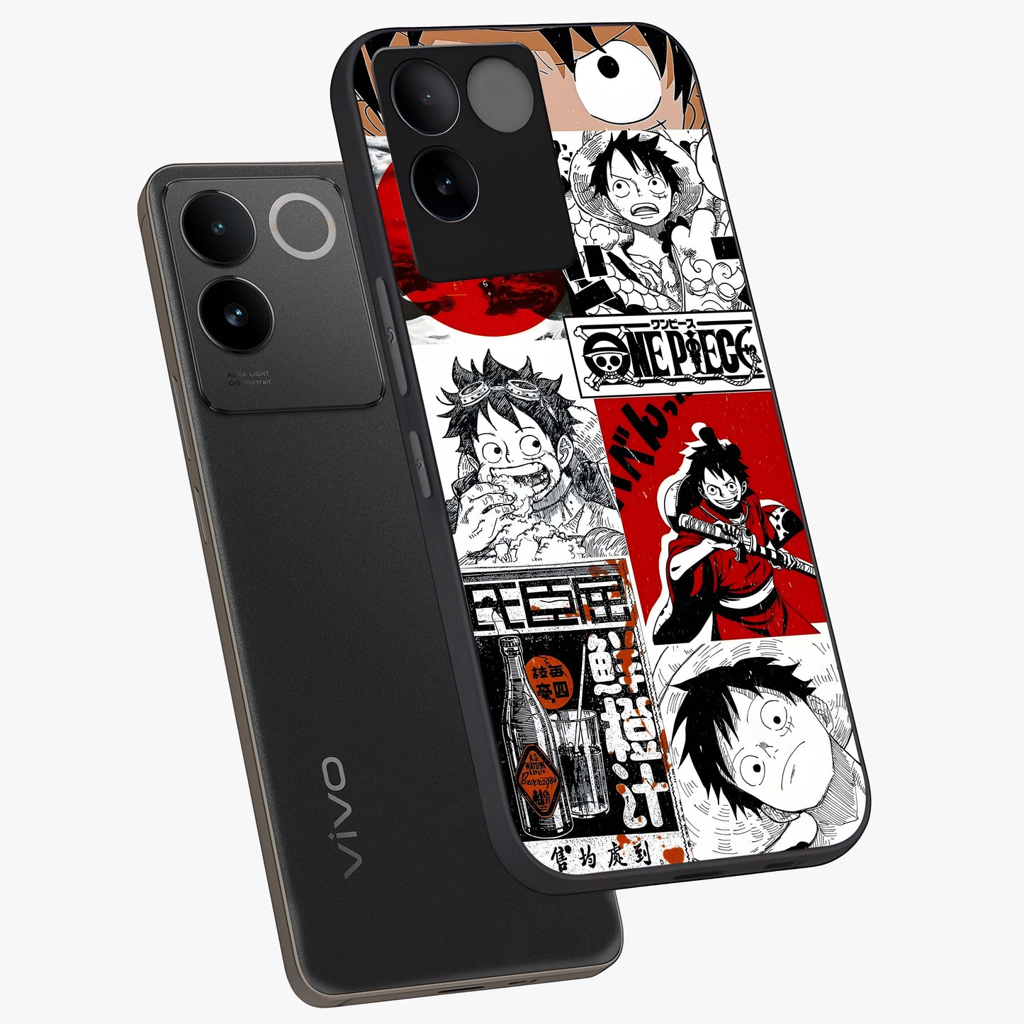 Strawhat Chaos Panels Glass Case displayed in angled mockup highlighting vibrant anime collage design with action aesthetic.