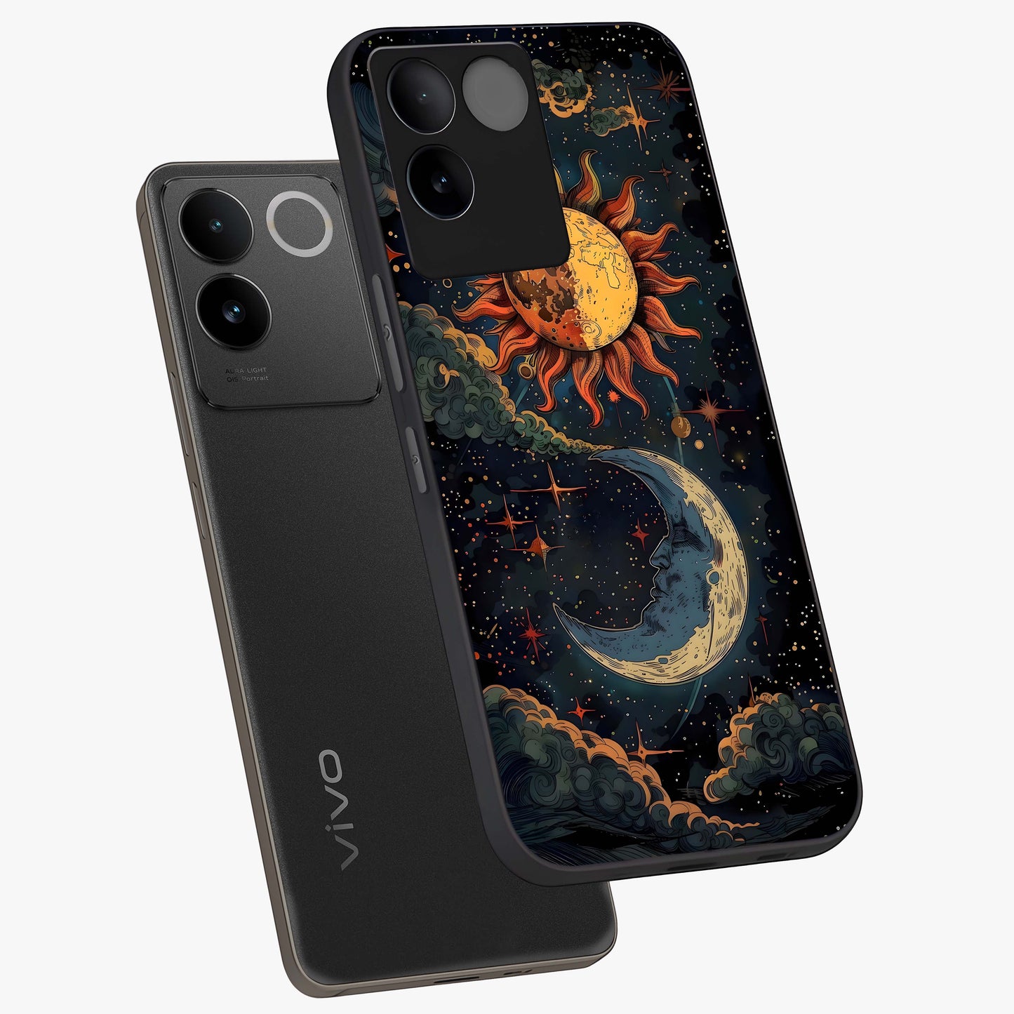 Sun And Moon Magic Design Glass Case displayed in angled mockup highlighting celestial design with magical cosmic aesthetic.